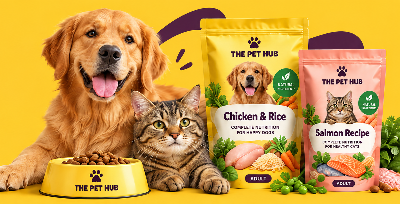 Happy Golden Retriever dog, Tabby cat, The Pet Hub bowl, Drools Adult Chicken & Egg and Purepet Ocean Fish